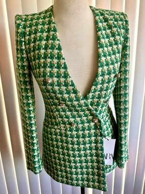 Zara Green, Cream & Tan Woven Long Tweed Jacket